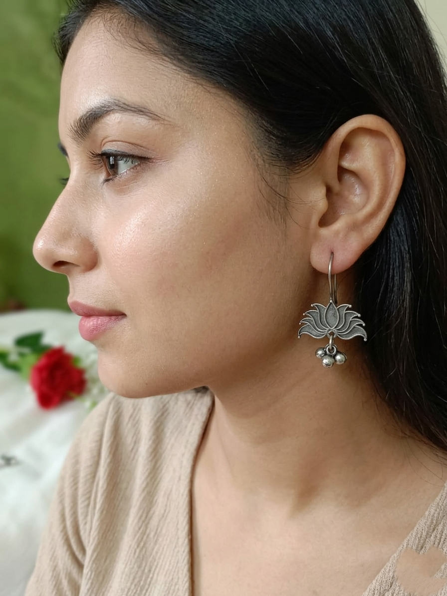 Lotus Oxidised Hook Earrings