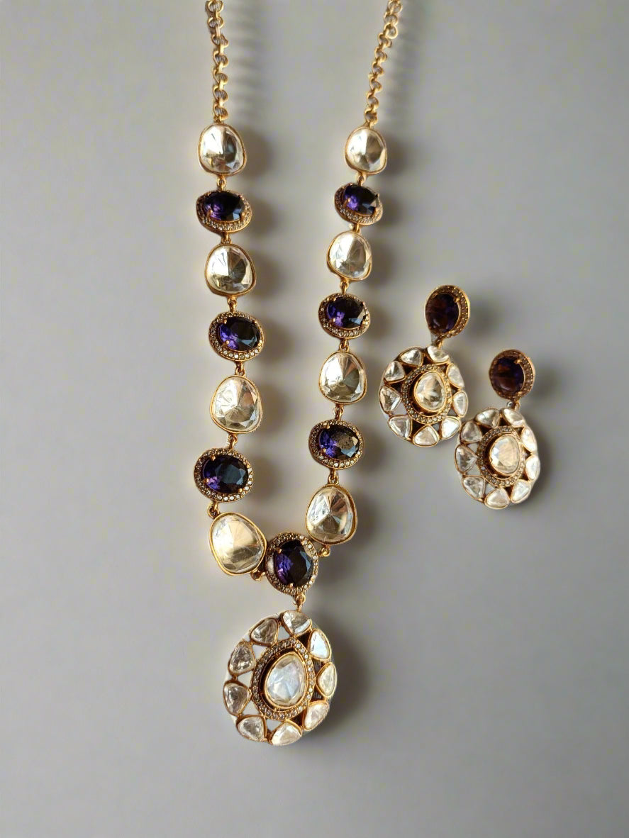 Royal Blue Moissanite Polki Necklace Set