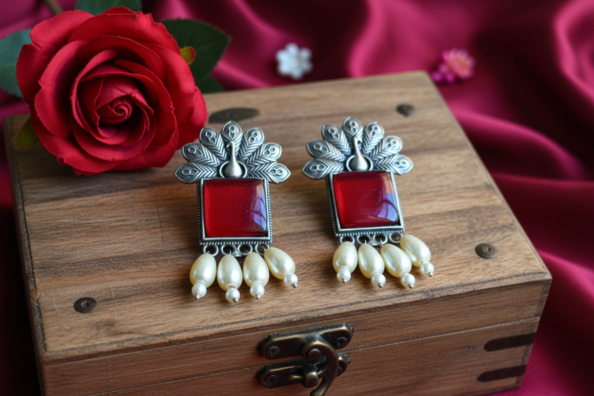 Rimaya Ruby Oxidised Earrings