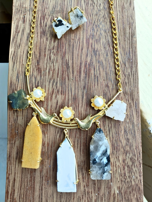 Raw Stone Bird Motif Pendant Set