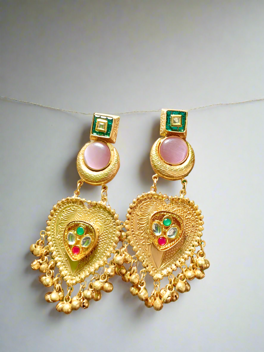 Mriga Kundan Golden Chandbali Earrings