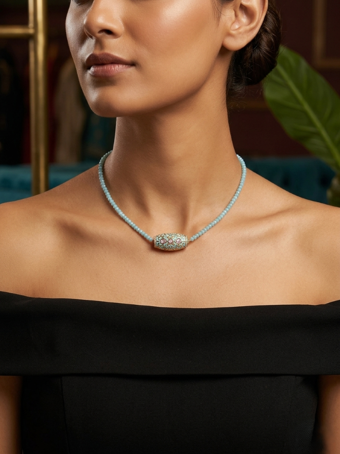 Turquoise Bead Enamel Charm Necklace
