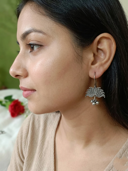 Lotus Oxidised Hook Earrings