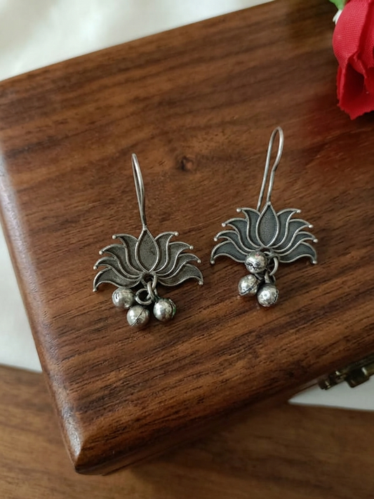 Lotus Oxidised Hook Earrings