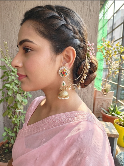 Navratna Ear Chain Jhumka Earring