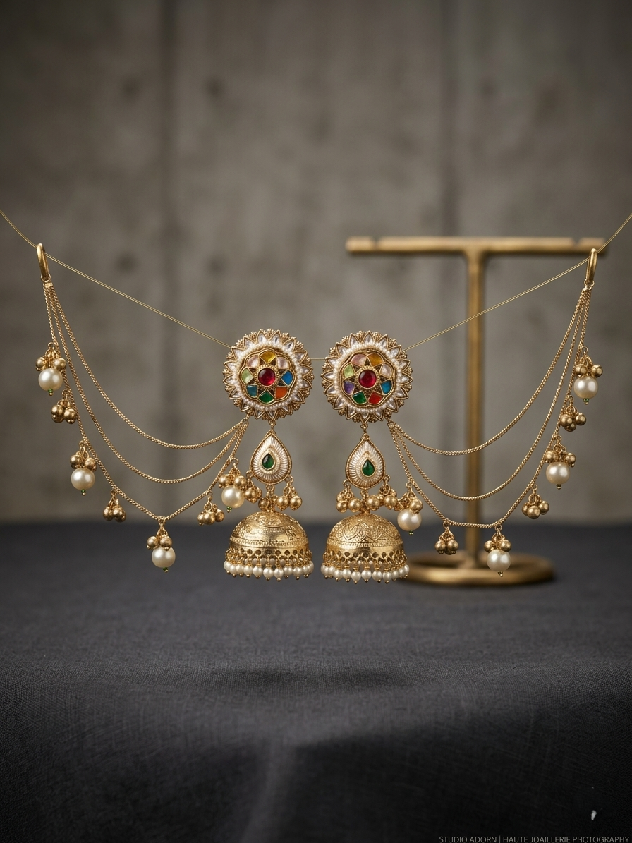 Navratna Ear Chain Jhumka Earring