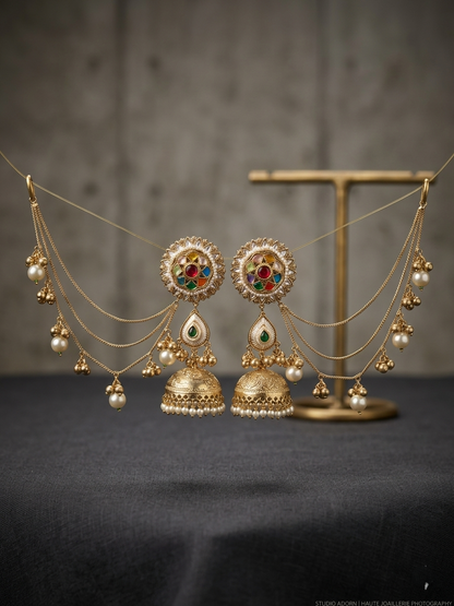 Navratna Ear Chain Jhumka Earring