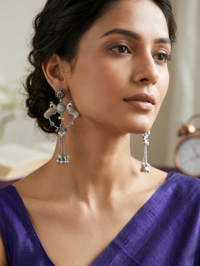 Rangrez Bird Ghungroo Chandbali Earrings