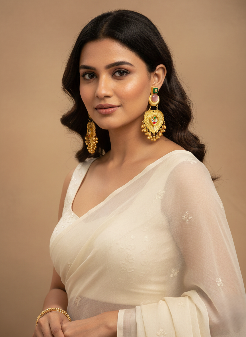 Mriga Kundan Golden Chandbali Earrings