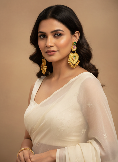 Mriga Kundan Golden Chandbali Earrings