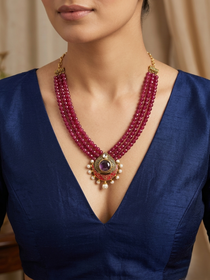 Ruby-Red  Chandbali Pendant Necklace