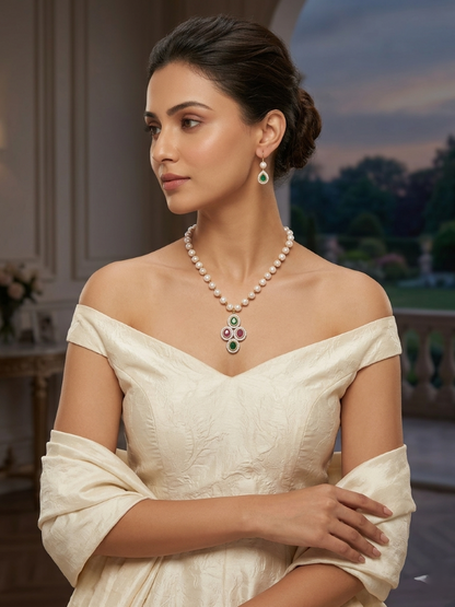 Ruby-Green Pearl Necklace Set