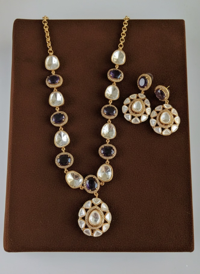Royal Blue Moissanite Polki Necklace Set