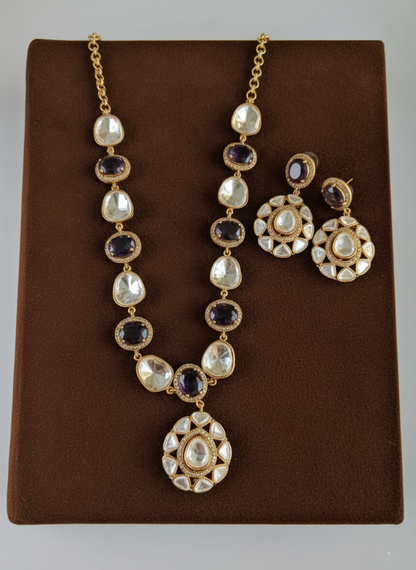 Royal Blue Moissanite Polki Necklace Set