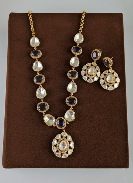 Royal Blue Moissanite Polki Necklace Set