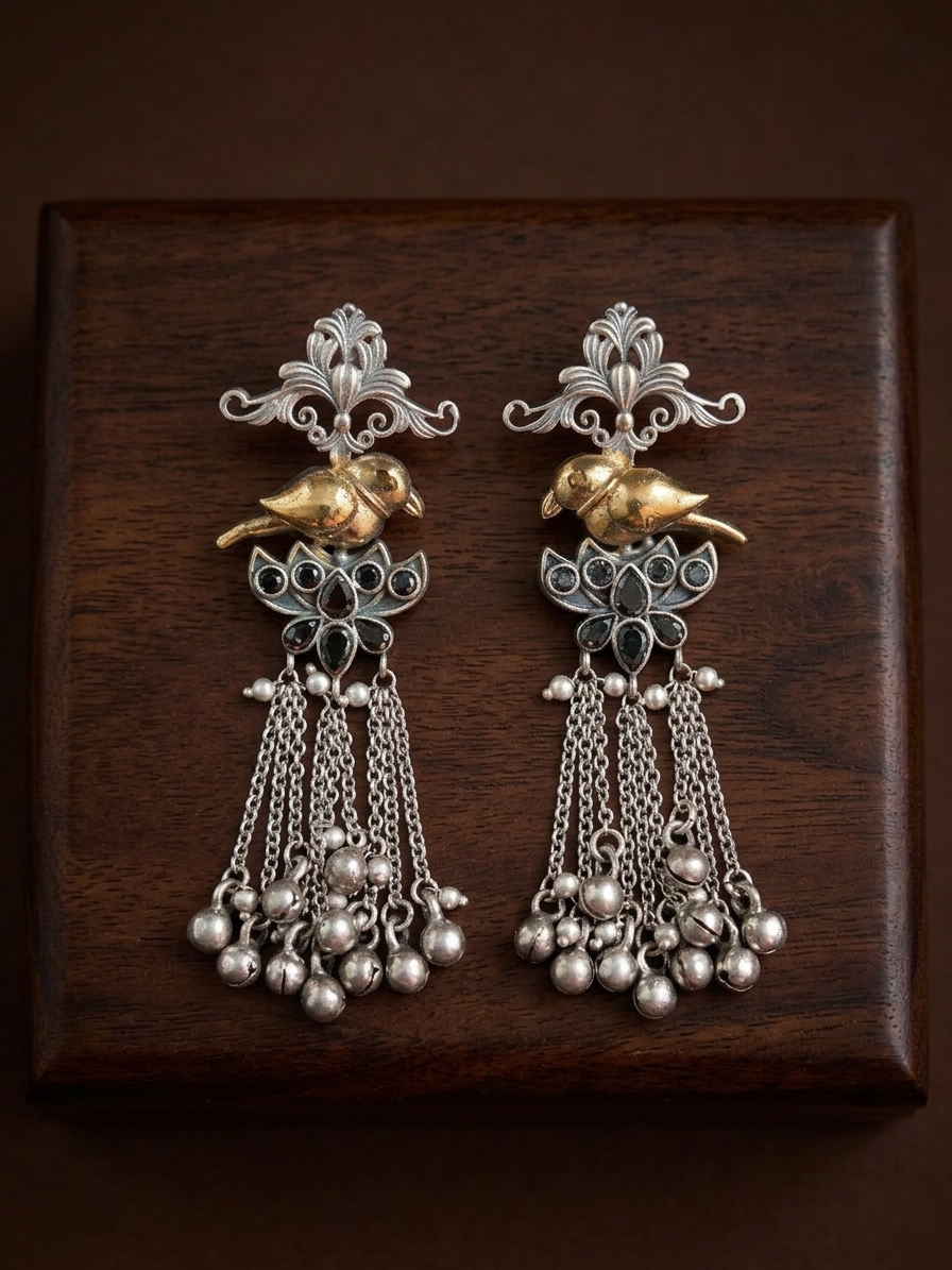 Dual Tone Peacock Chain Earrings