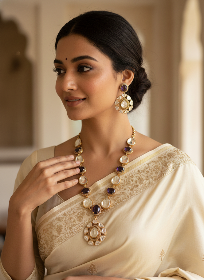 Royal Blue Moissanite Polki Necklace Set