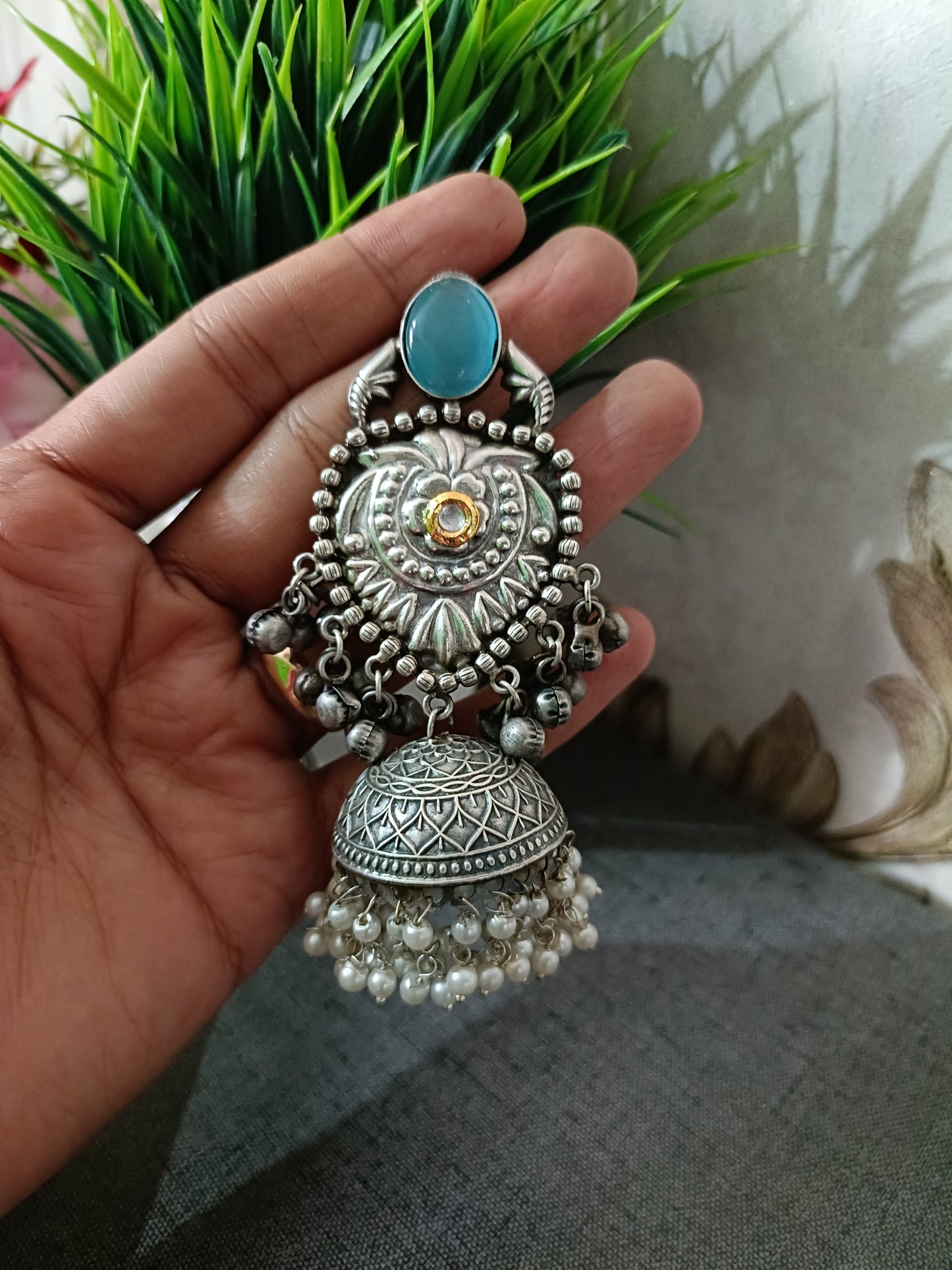 Pankhudi Silver Look Alike Oxidised Jhumka