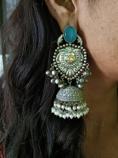 Pankhudi Silver Look Alike Oxidised Jhumka