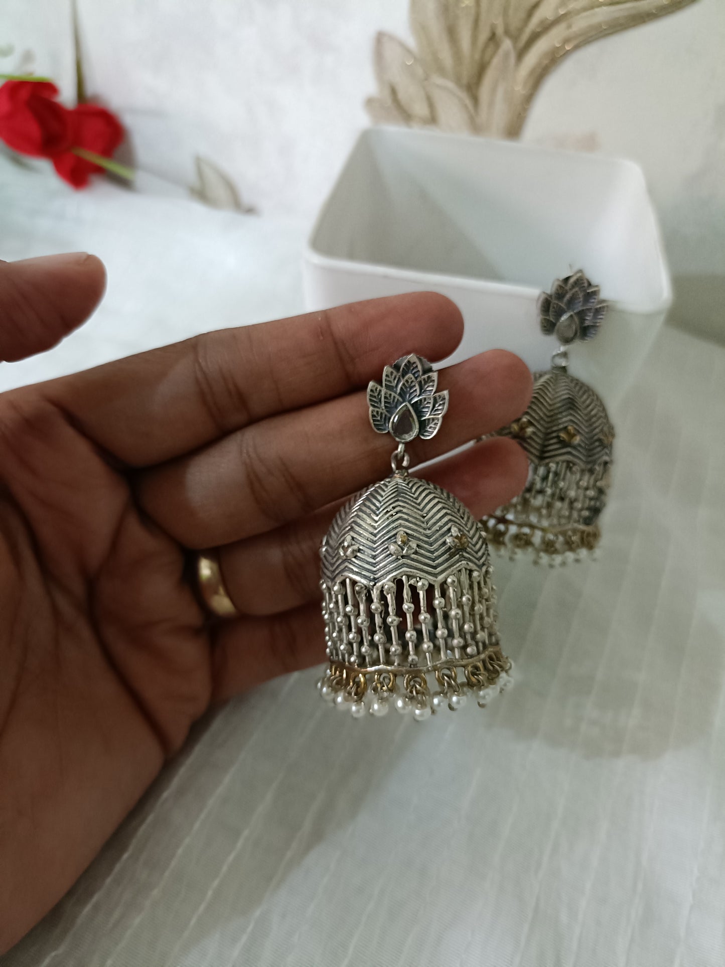 Designer Silver Look Alike Oxidised Jhumka