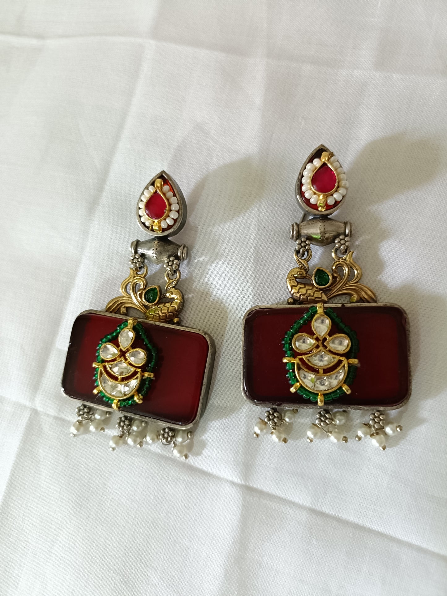 Fusion Panchi kundan Silver Look Alike Earrings