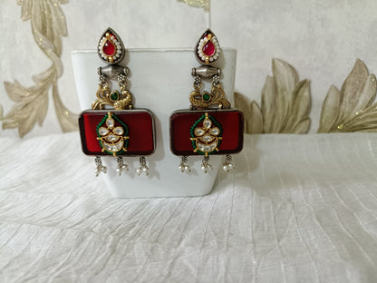 Fusion Panchi kundan Silver Look Alike Earrings