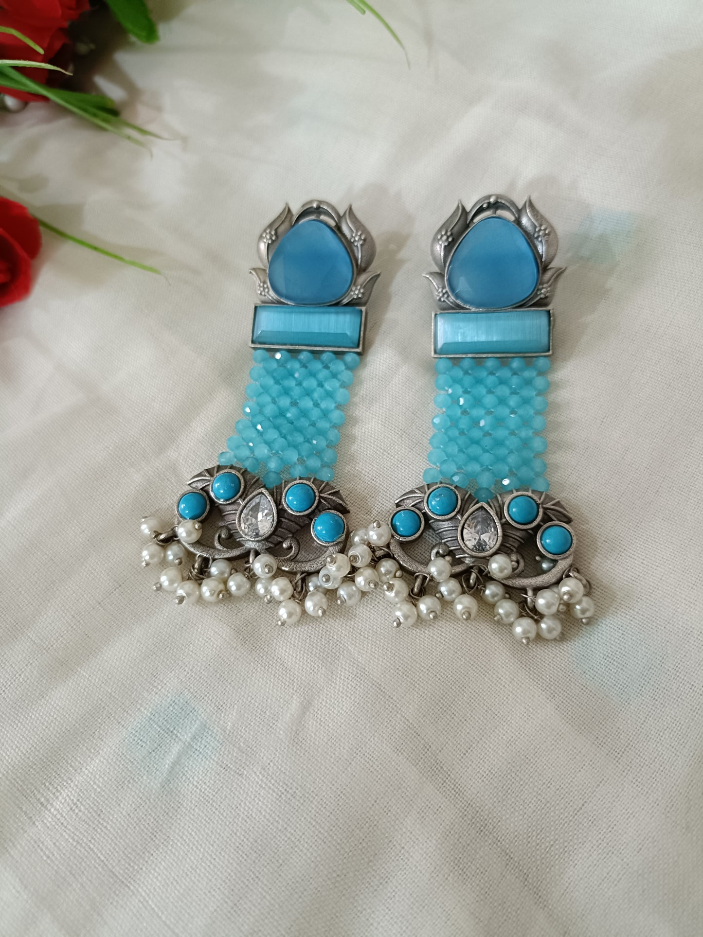 Aqua Blue Designer Oxidised Earrings