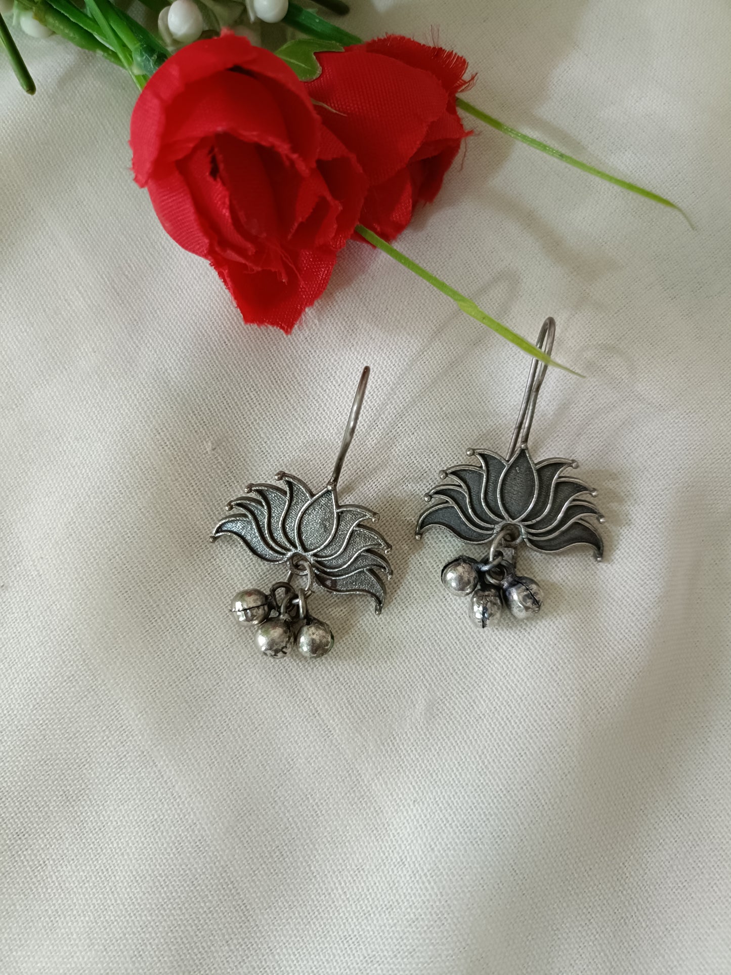 Lotus Oxidised Hook Earrings