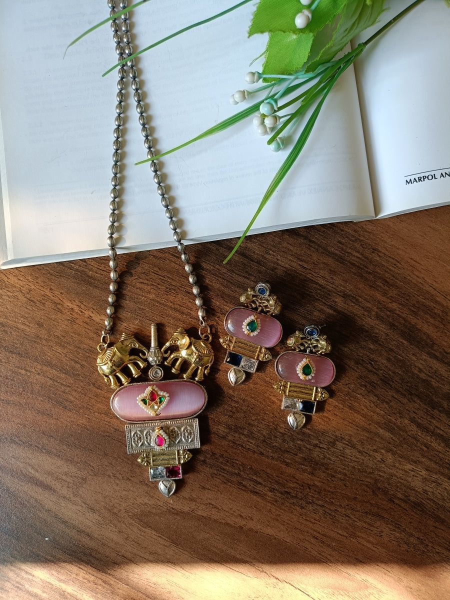 Elephant Panchi Kundan Pendant Set