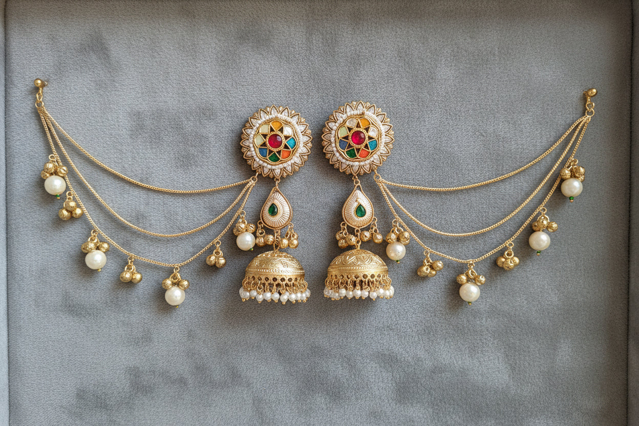 Navratna Ear Chain Jhumka Earring