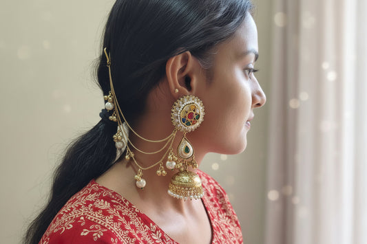 Navratna Ear Chain Jhumka Earring