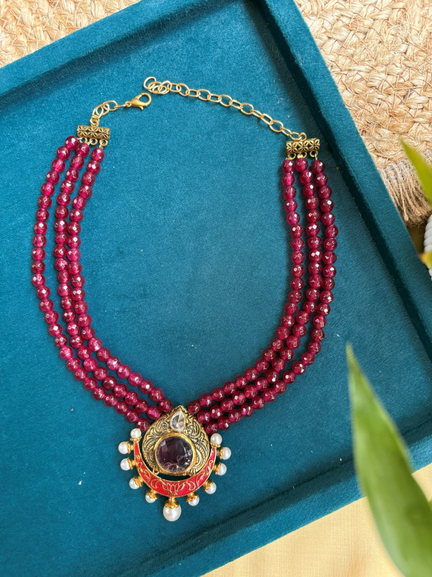 Ruby-Red  Chandbali Pendant Necklace