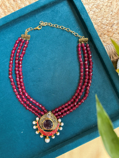 Ruby-Red  Chandbali Pendant Necklace