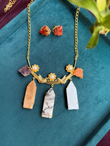 Raw Stone Bird Motif Pendant Set