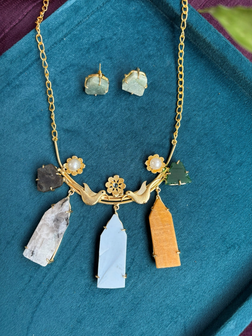 Raw Stone Bird Motif Pendant Set