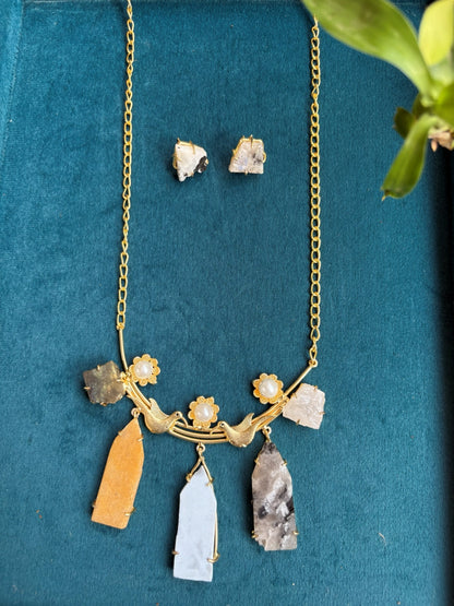Raw Stone Bird Motif Pendant Set