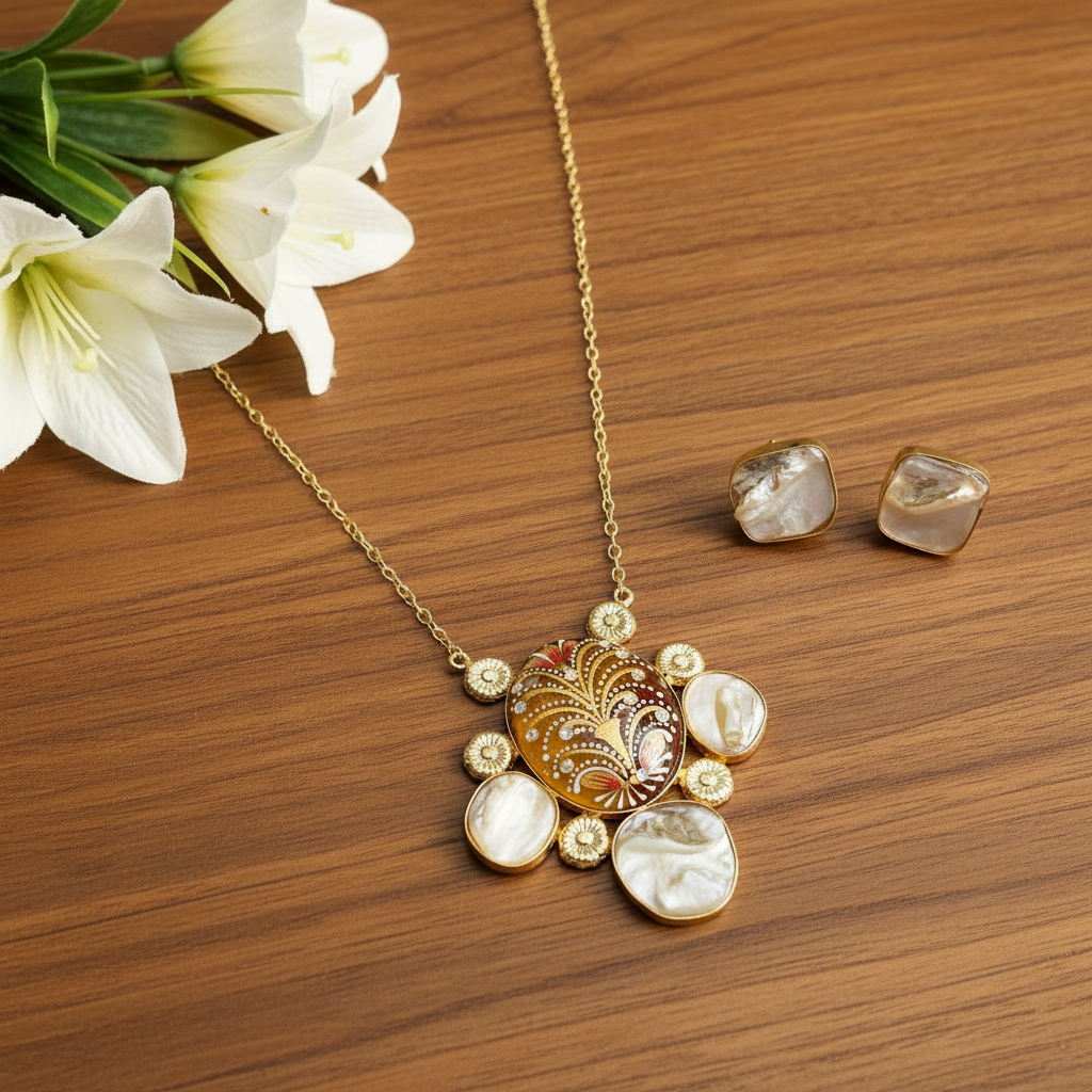 Baruq Pearl Tanjore Pendant Set