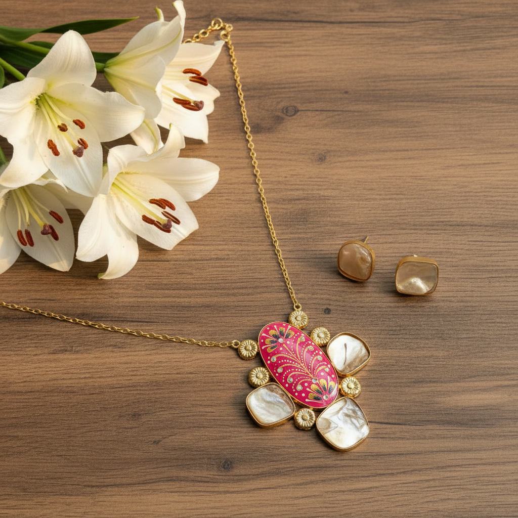 Baruq Pearl Tanjore Pendant Set