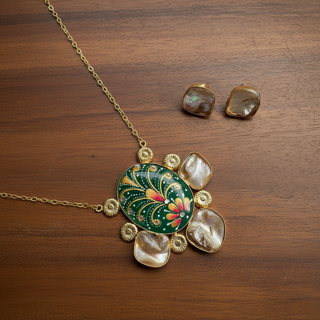 Baruq Pearl Tanjore Pendant Set