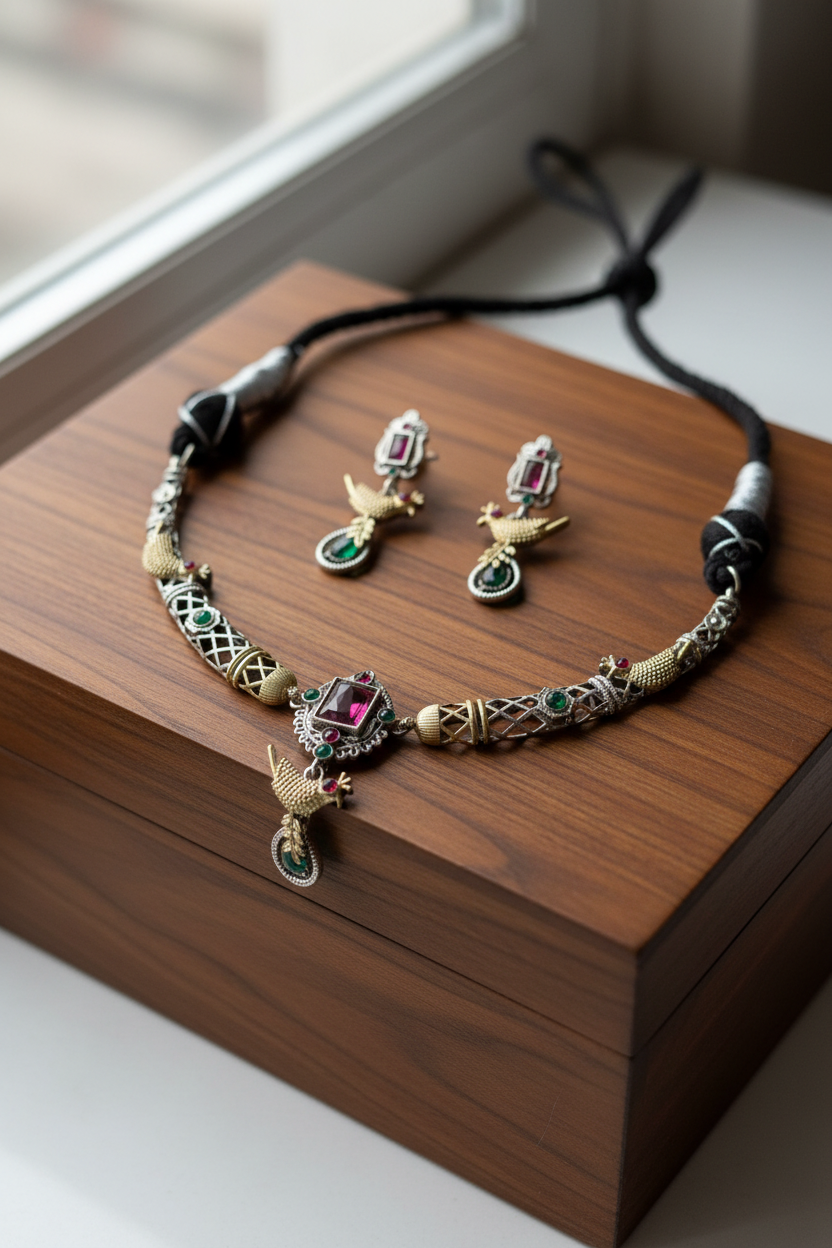 Dual Tone Bird Motif Necklace Set
