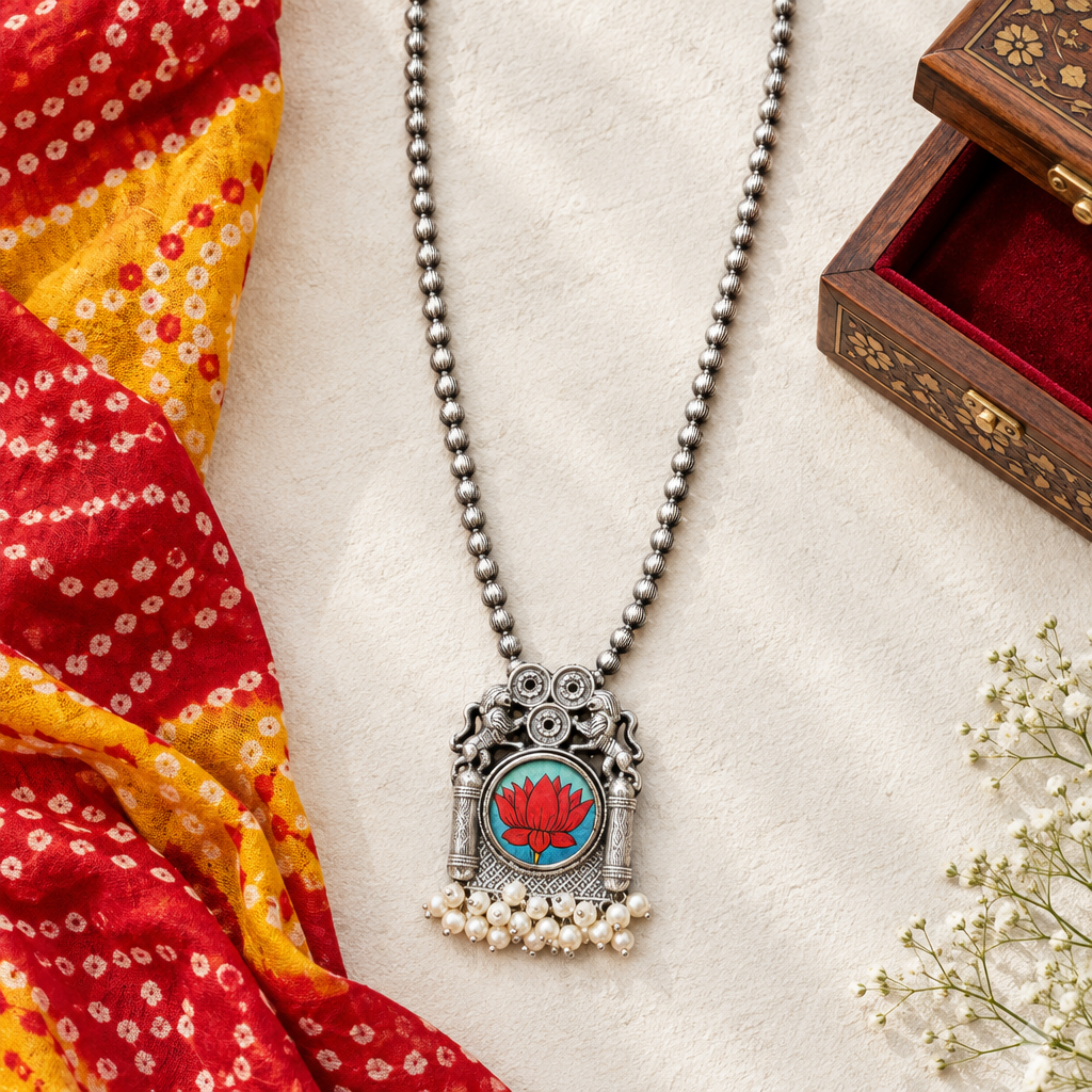 Hand-Painted Silver Statement Pendant