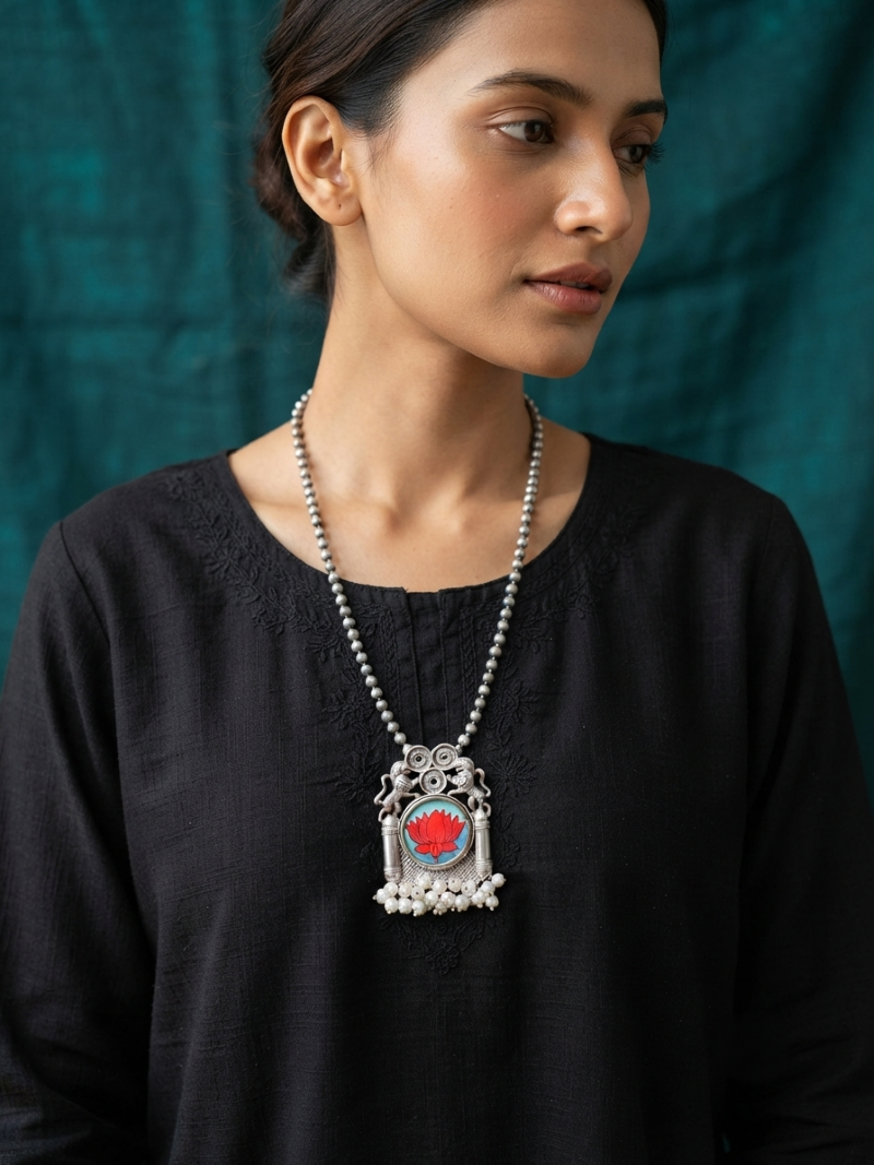 Hand-Painted Silver Statement Pendant