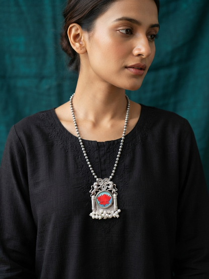 Hand-Painted Silver Statement Pendant