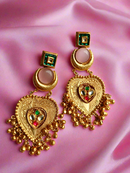 Mriga Kundan Golden Chandbali Earrings