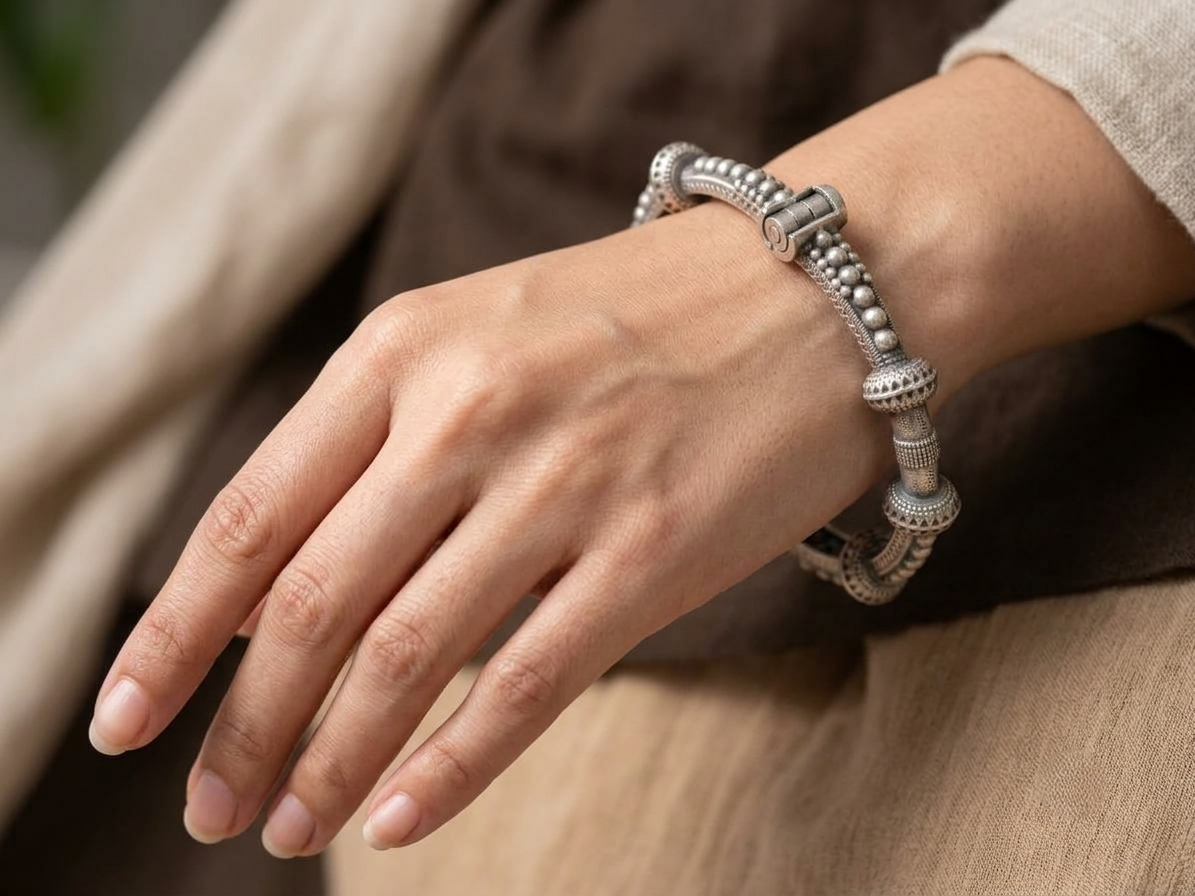 Tribal Oxidised Silver Openable Kada