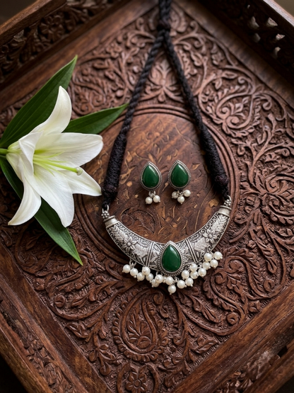 Silver oxidised stone necklace