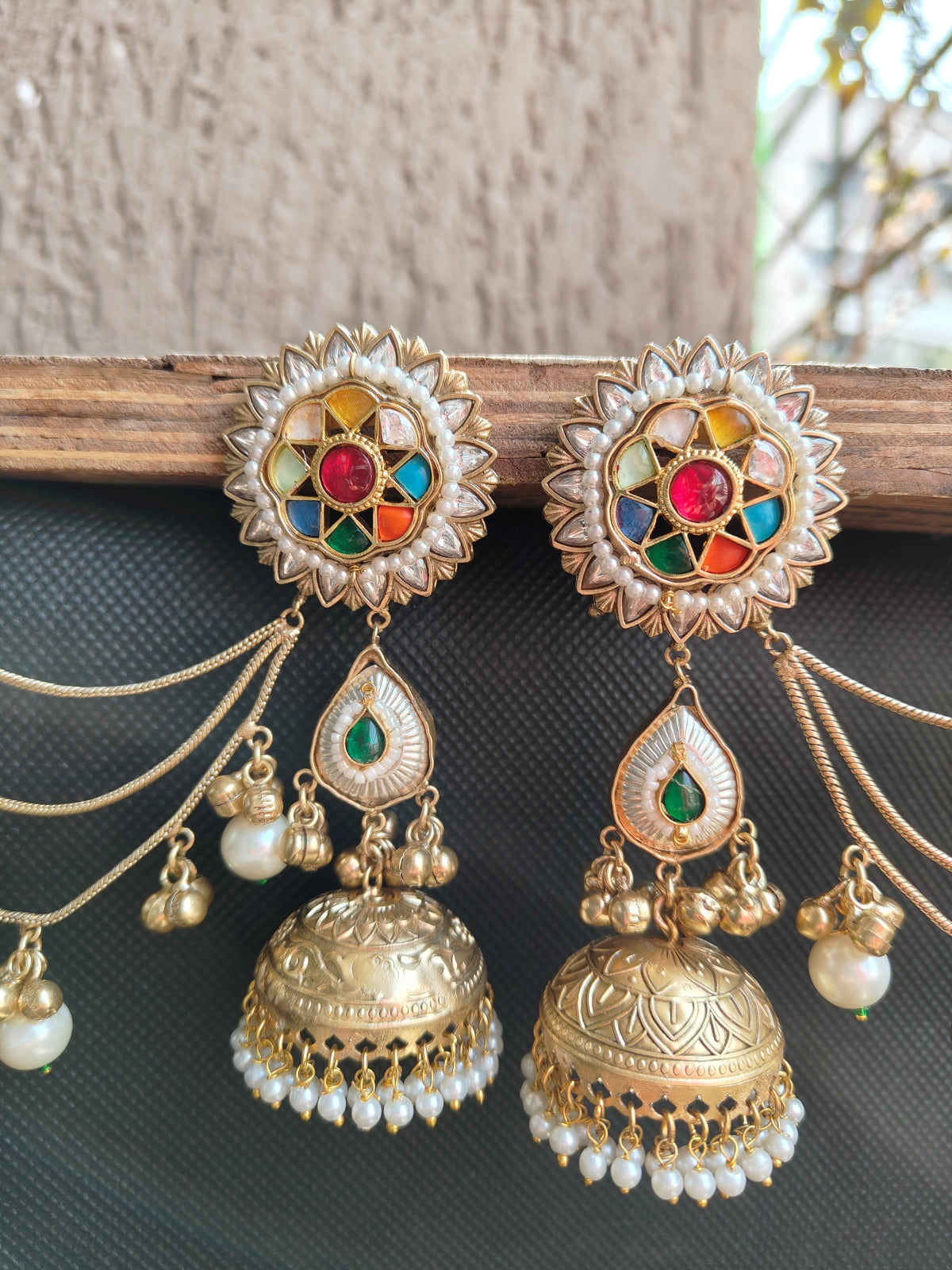Navratna Ear Chain Jhumka Earring