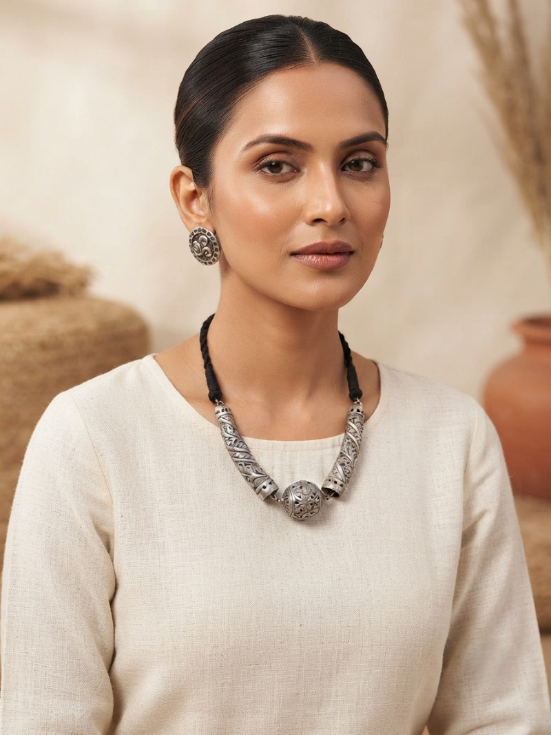Silver Tribal Statement Necklace Set