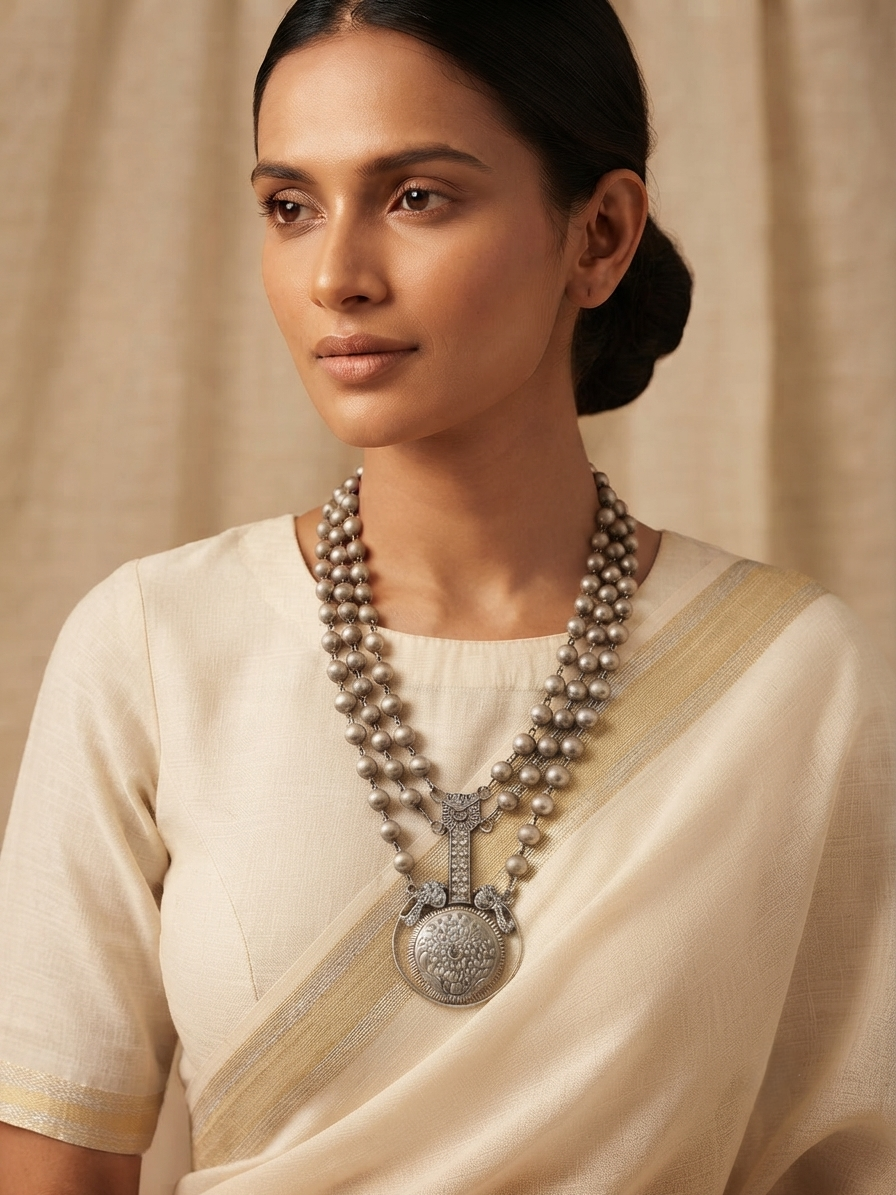 Designer Silver Plated Three-Layer Mala